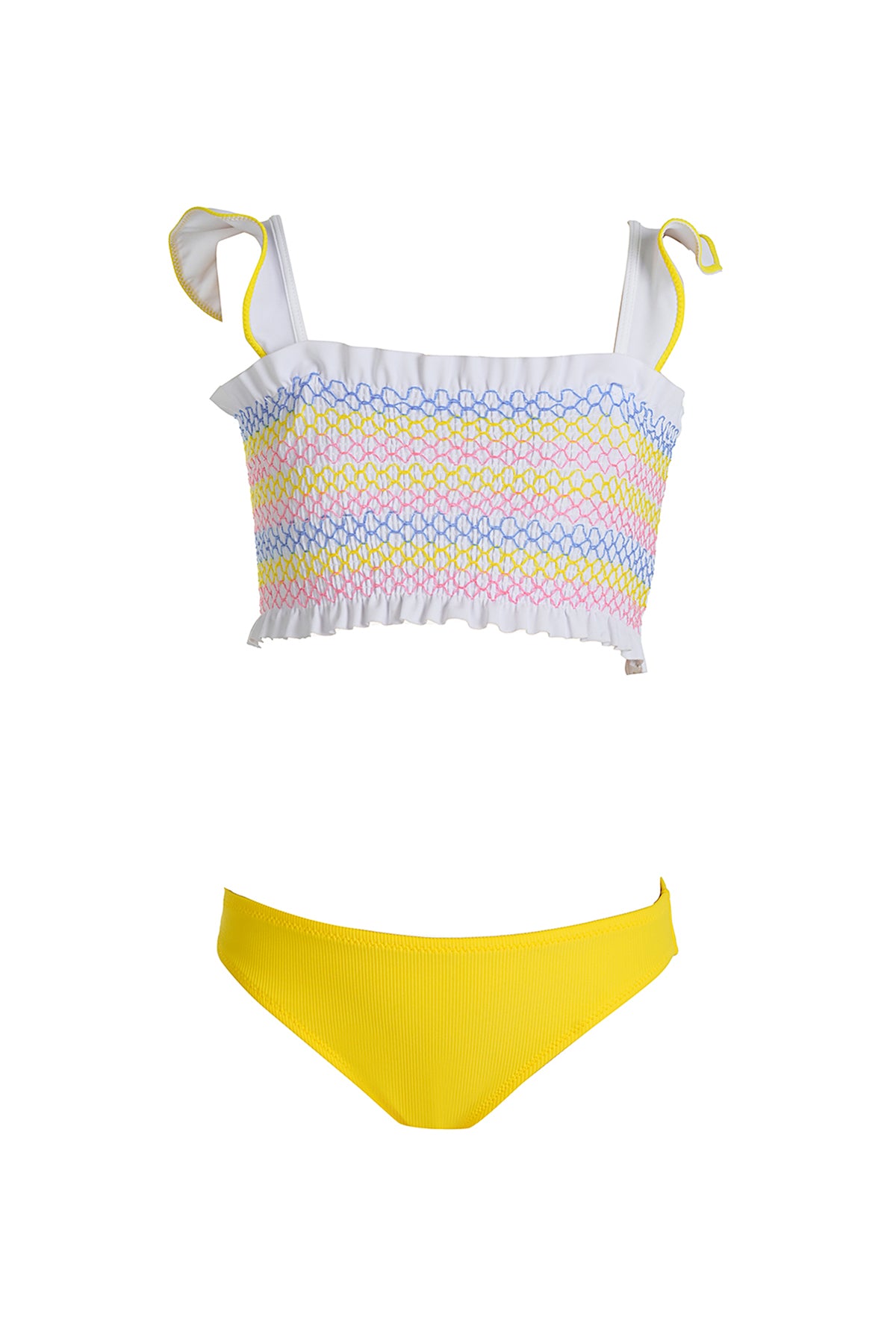 This image features a vibrant yellow and white two-piece bikini, perfect for sunny days. The bikini top is adorned with a colorful, geometric pattern in alternating stripes, offering a playful and modern look.