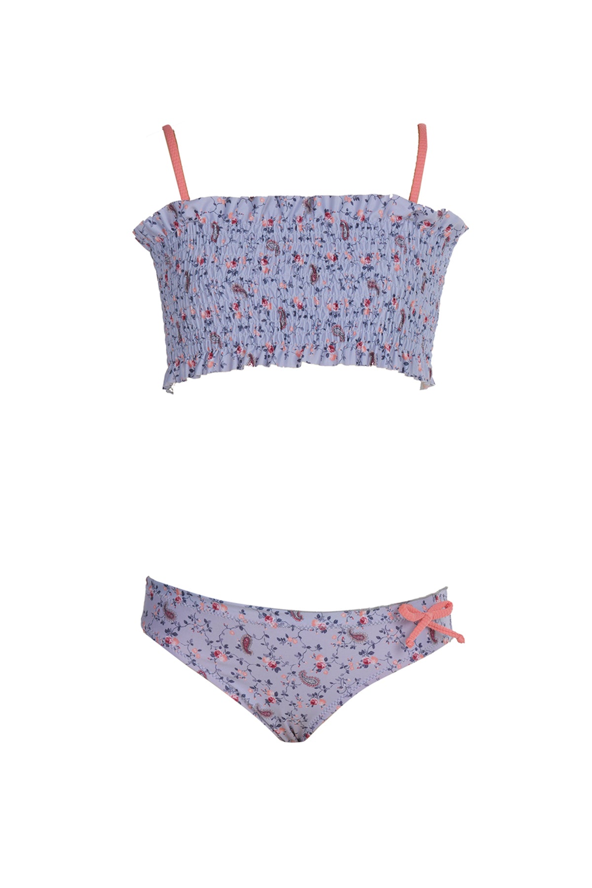 A lavender two-piece bikini set with floral print on the top and solid color on the bottom, featuring bottoms with a bow accent.