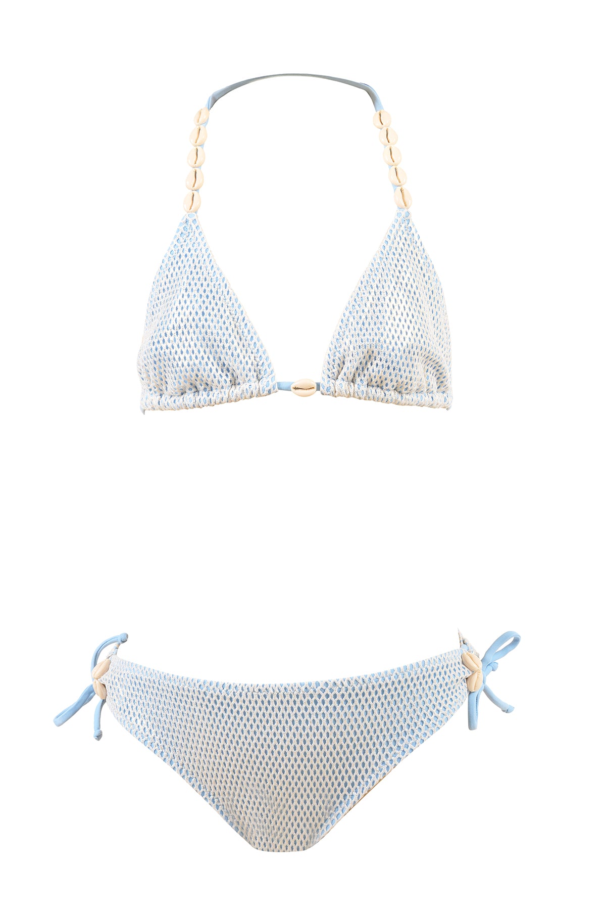 This image features a stylish two-piece swimsuit designed for little kids to big kids, presented in a delicate and charming style. The swimsuit is detailed with a light blue textured fabric and adorned with a subtle polka dot pattern, adding a touch of elegance.