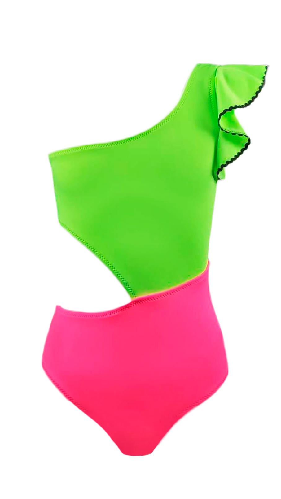 One-piece swimsuit with green top and pink bottom on a white background
