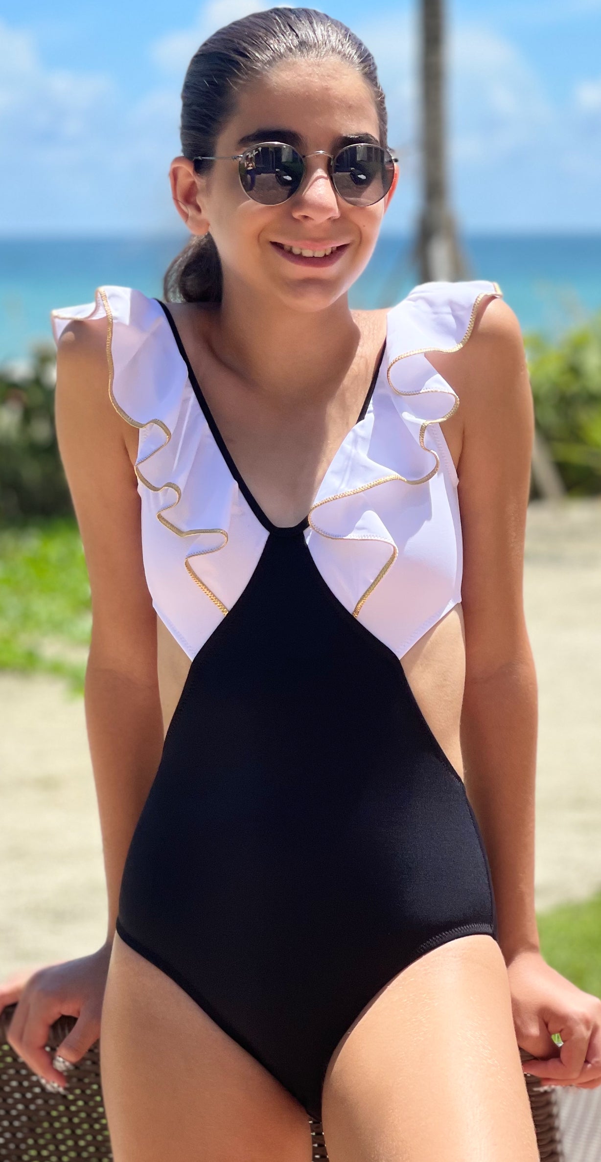 LILA Ruffle V-Neck Cut-Out Swimsuit Nessi Byrd