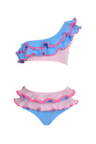 A two-piece children's bikini with blue and pink ruffles, designed with a double ruffle on one shoulder.