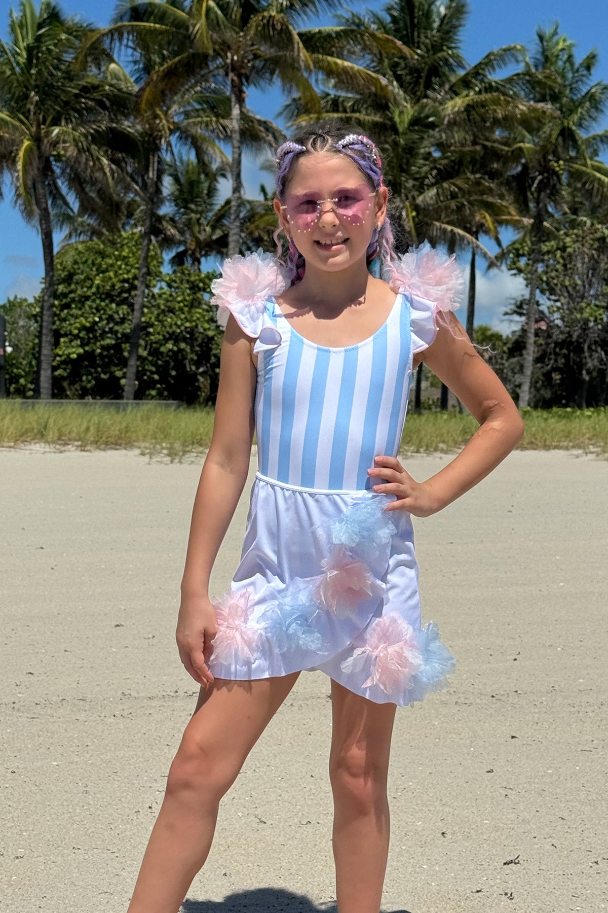 ROSIE Asymmetrical Ruffle with Pink and Blue 3D Tulle Flowers