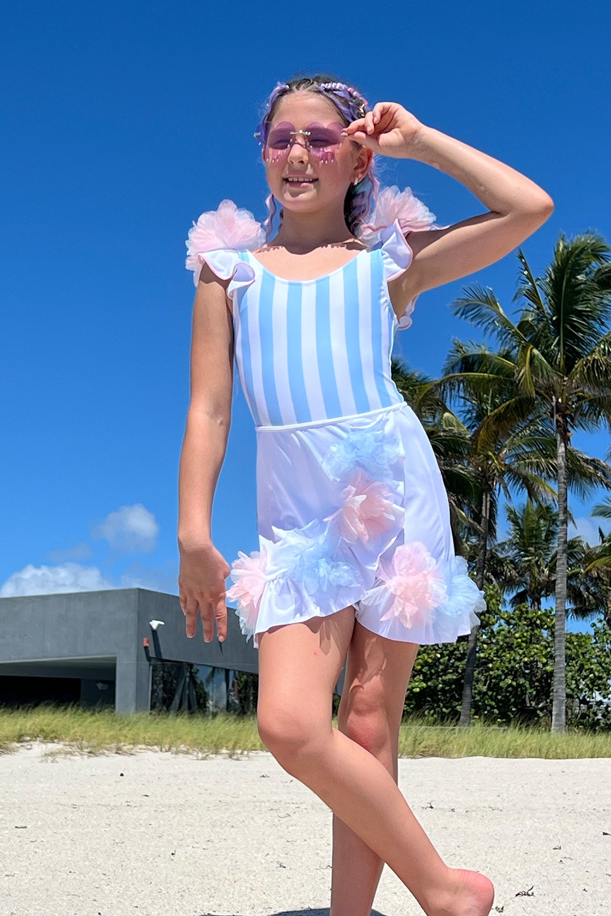 ROSIE Asymmetrical Ruffle with Pink and Blue 3D Tulle Flowers