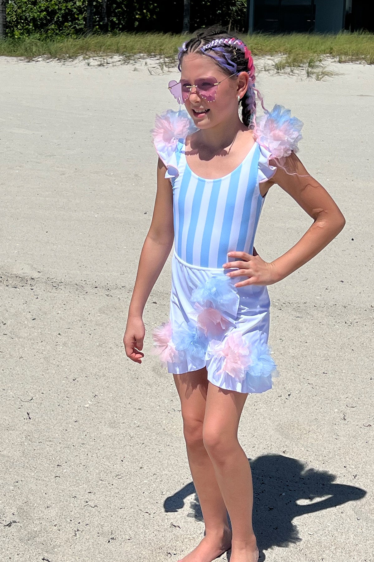 【non】Treat Girl's tulle frill jersey ROSIE Asymmetrical Ruffle with Pink and Blue 3D Tulle Flowers