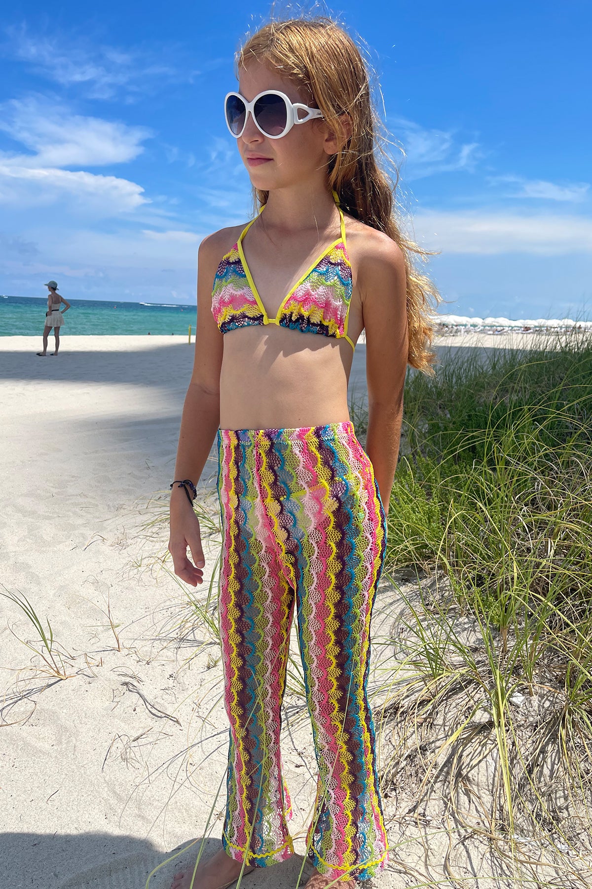 JARDENA Multi-Color Crochet Knit Flare Pants with Wavy Pattern