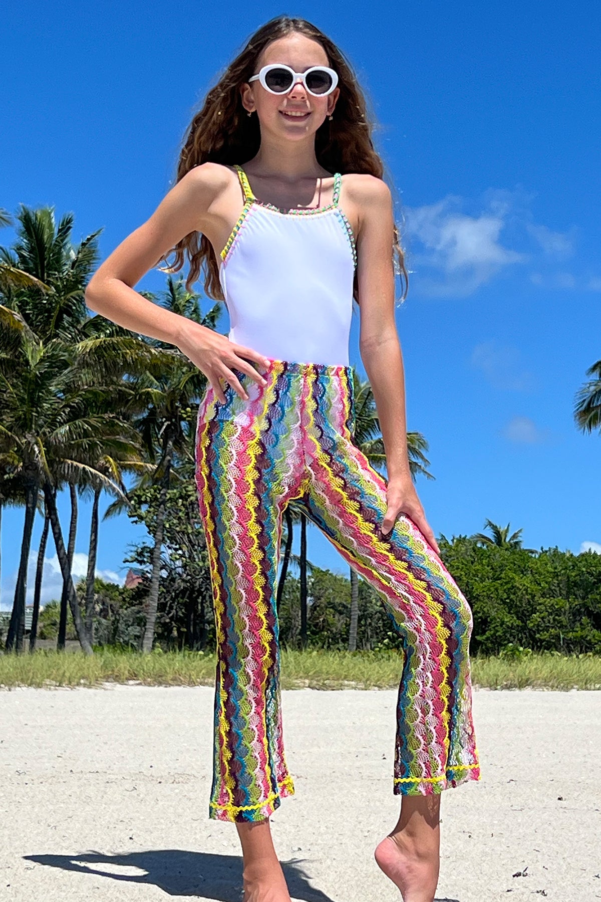 JARDENA Multi-Color Crochet Knit Flare Pants with Wavy Pattern