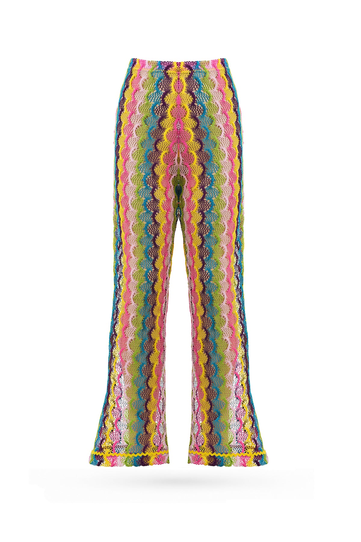 JARDENA Multi-Color Crochet Knit Flare Pants with Wavy Pattern