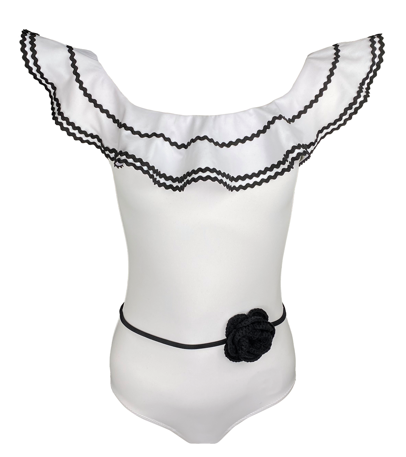 EDNA - Kids' Off Shoulder Black Crochet Flower Belt One EDNA - Kids' Off Shoulder Black Crochet Flower Belt One